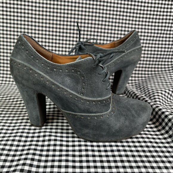Miz Mooz Lance Heels Booties Lace Up Blue Gray Suede Size 8.5 Steampunk Indie - Picture 1 of 6